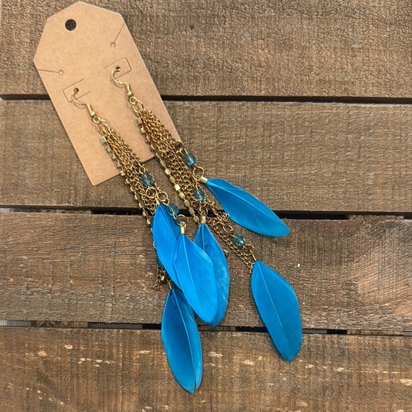 Blue Feather Dangle Earrings - Picture 1 of 2